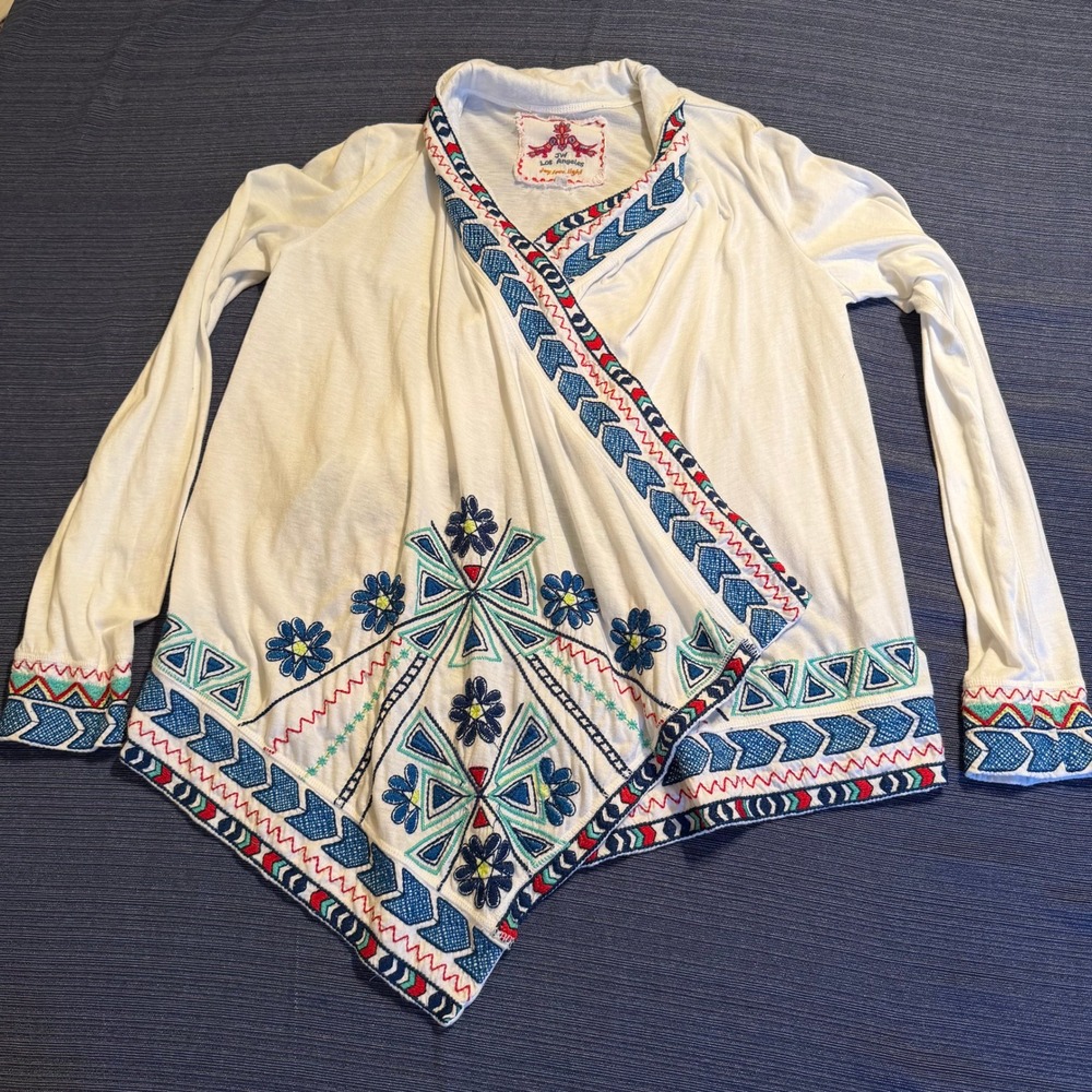 JW Los Angeles Johnny Was White Embroidered Open Front Cardigan Wrap Small